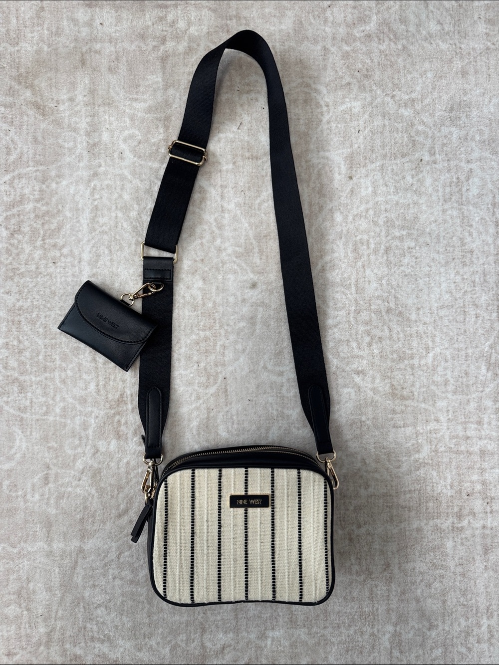 Nine West Black and Cream Striped Crossbody Camera Bag with Coin Pouch